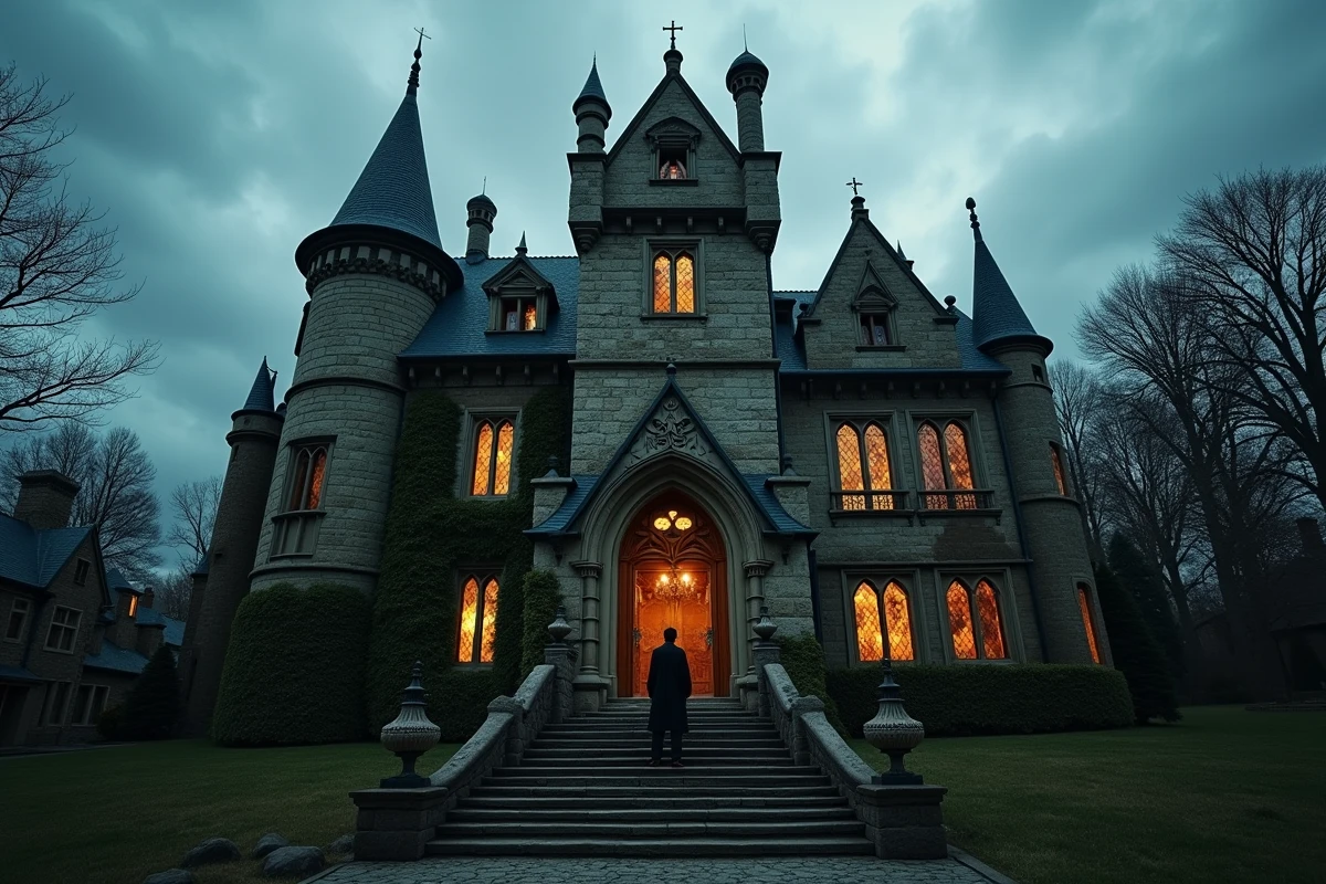 Vue grand angle d'une académie de démons gothique avec un personnage en silhouette sur les marches, évoquant l'univers sombre du manhwa Le Villain aux Yeux de Renard