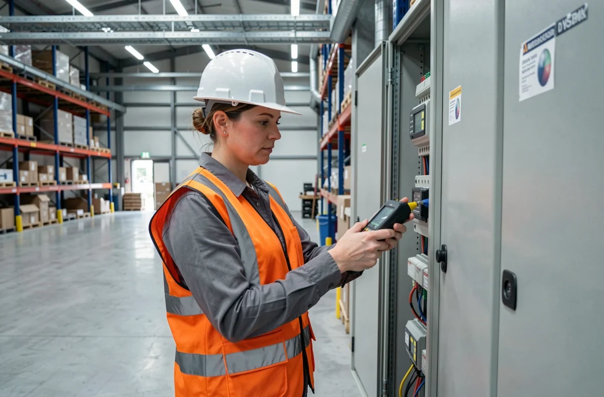 Technicienne Accematic réalisant un diagnostic électrique dans un entrepôt industriel en Seine-et-Marne