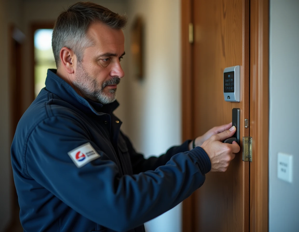 Serrurier d'Addenet Lamorlette installant une serrure numérique moderne sur une porte résidentielle dans la Meuse