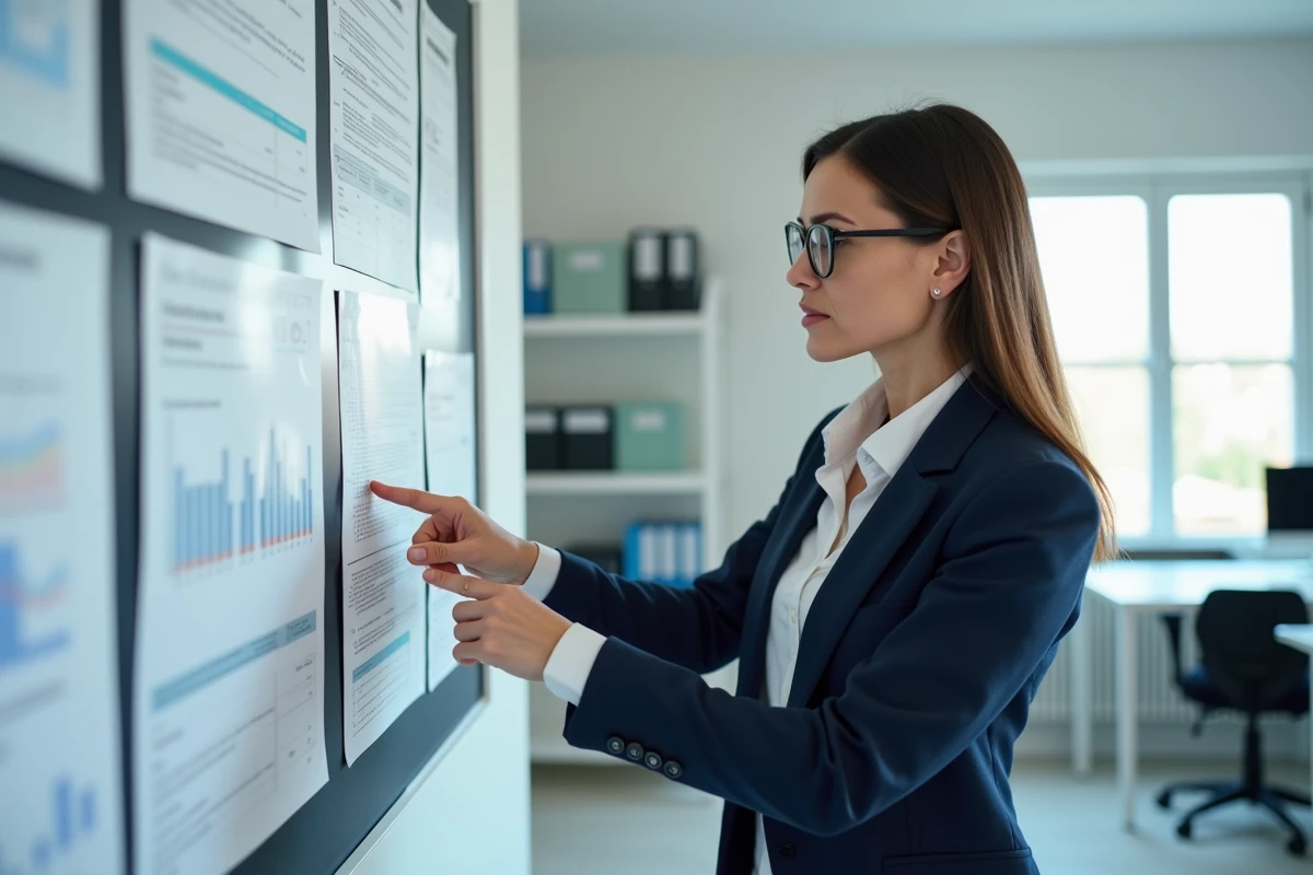 Adjointe au maire devant un tableau de bord budgétaire municipal dans un bureau administratif moderne