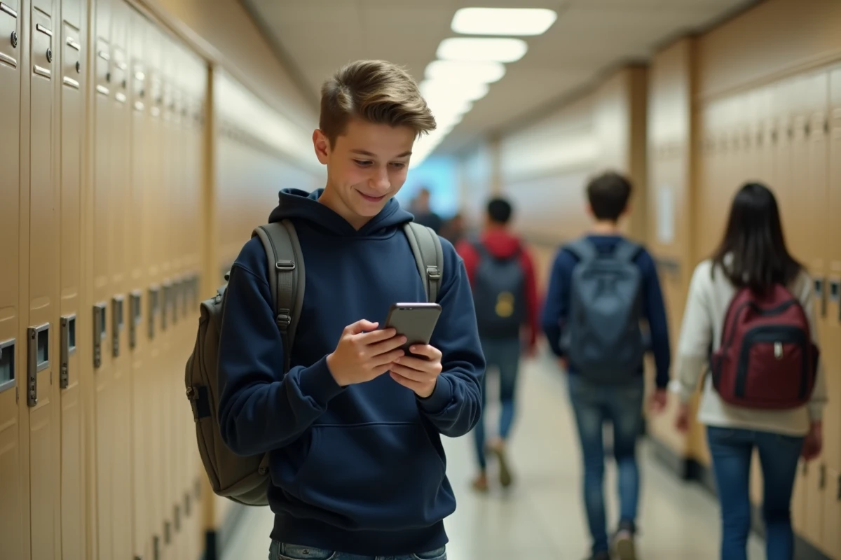 Adolescent souriant utilisant une application de grammaire sur son smartphone