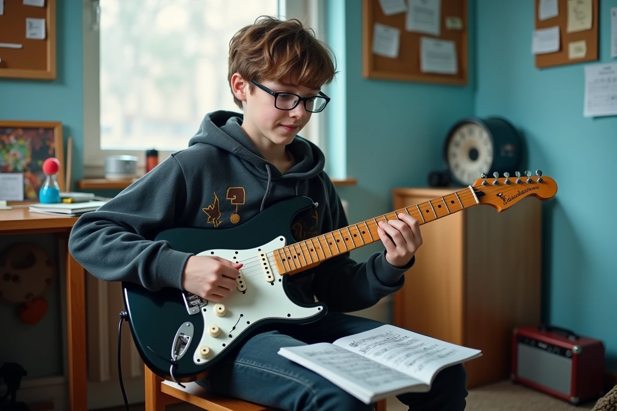 Adolescent guitariste électrique étudiant les accords et les transitions d'une chanson dans sa chambre