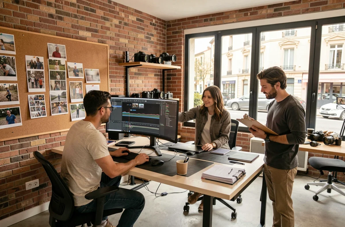 Équipe d'une agence de production vidéo travaillant ensemble dans un studio moderne en Nouvelle-Aquitaine