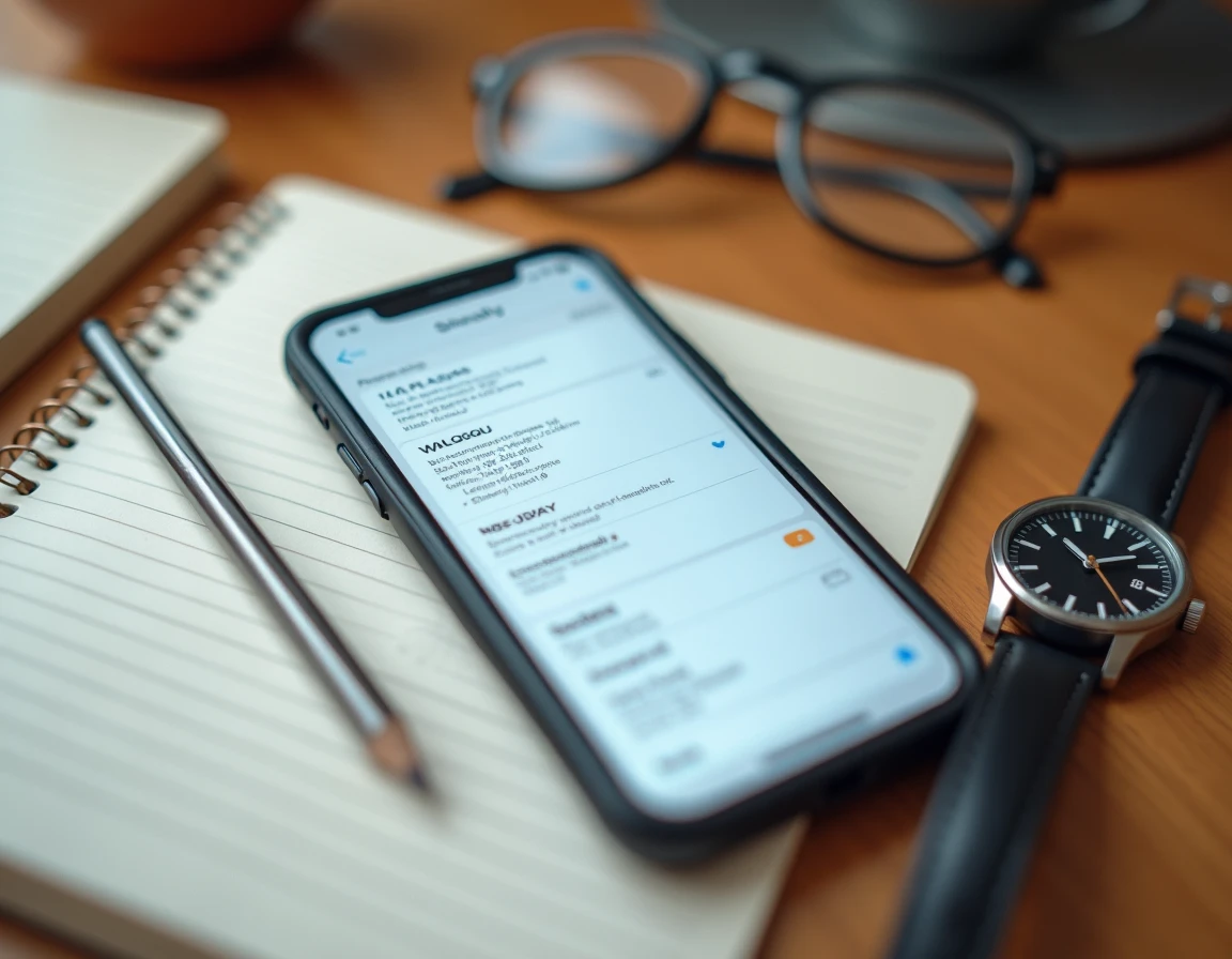 Vue de dessus d'un planificateur hebdomadaire et d'un smartphone affichant des horaires en format AM PM sur un bureau en bois