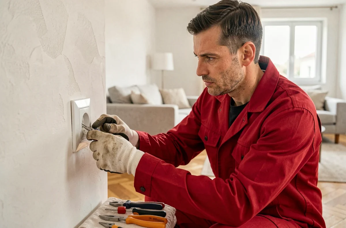 Électricien Aimedieu remplaçant une prise murale dans un appartement moderne en Seine-et-Marne