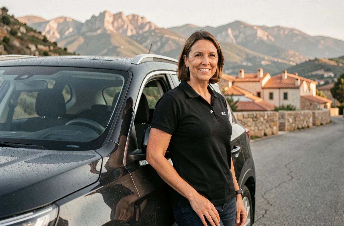 Chauffeuse VTC devant un SUV sombre sur une route des Pyrénées-Orientales près de Perpignan