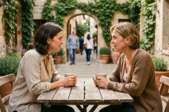 Deux femmes partageant un moment de connexion profonde en terrasse, illustrant le concept d'âme sœur spirituelle