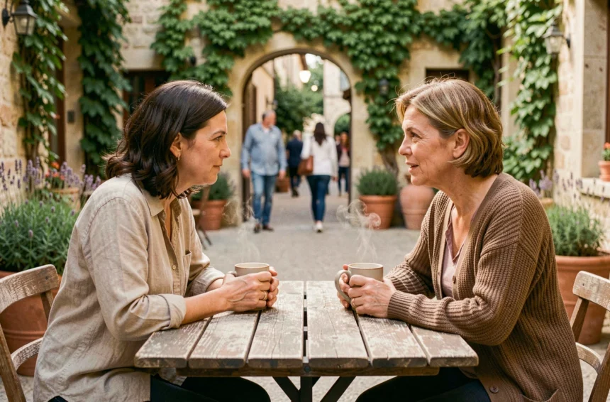 Deux femmes partageant un moment de connexion profonde en terrasse, illustrant le concept d'âme sœur spirituelle