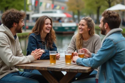 Groupe d'amis souriants au bord de la Deûle à la guinguette