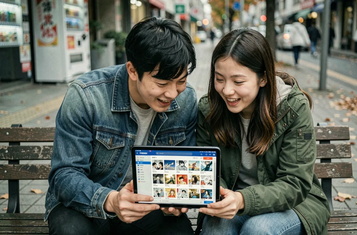 Deux amis consultant ensemble une plateforme de scans manga en avance sur une tablette en extérieur urbain