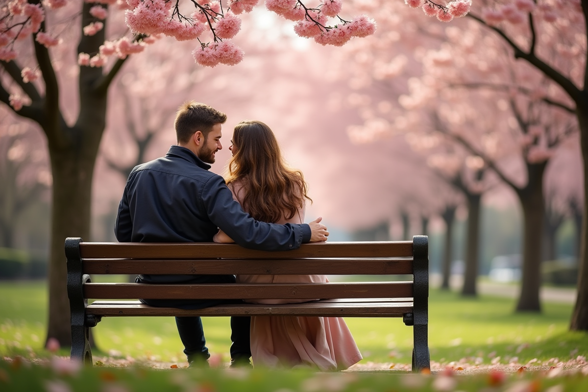 Couple assis sur un banc sous cerisiers en fleurs à Paris
