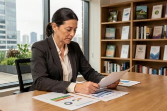 Femme analyste étudiant des graphiques d'investissement bas carbone dans un bureau moderne avec vue sur toits végétalisés
