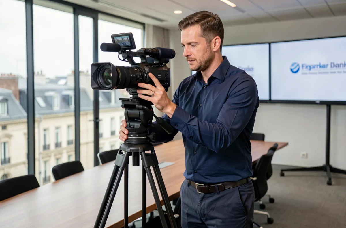 Vidéaste corporate filmant dans une salle de conférence moderne à Bordeaux pour une production événementielle professionnelle
