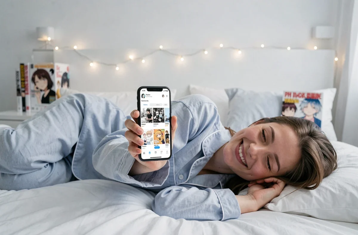 Jeune femme utilisant une application de suivi de scans manga sur son smartphone allongée dans sa chambre