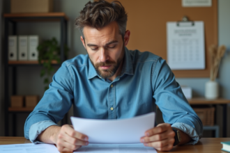 Artisan homme en bureau examinant un devis d'assurance