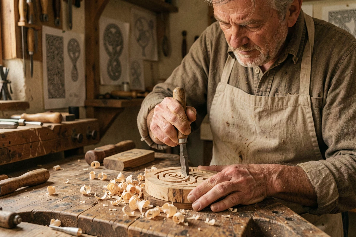 Artisan breton sculptant un symbole triskel en bois dans un atelier traditionnel avec des outils anciens