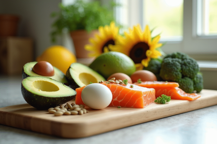 Assortiment coloré d'aliments riches en vitamine B5 sur un plan de travail