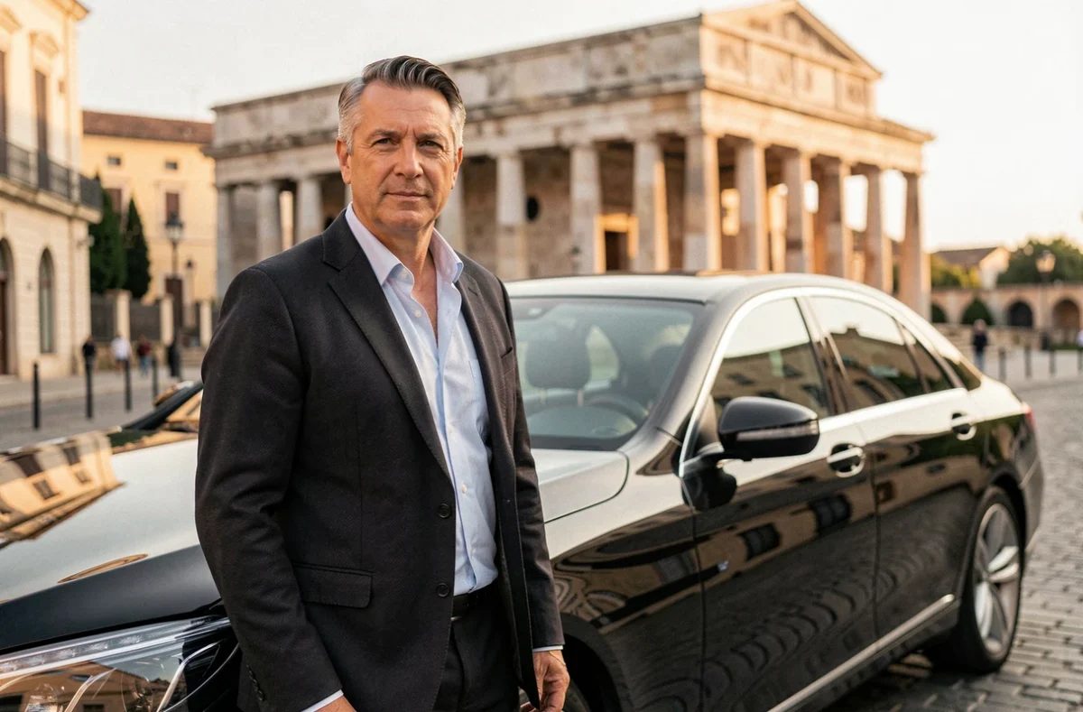 Chauffeur VTC professionnel en blazer sombre devant sa berline noire avec la Maison Carrée de Nîmes en arrière-plan
