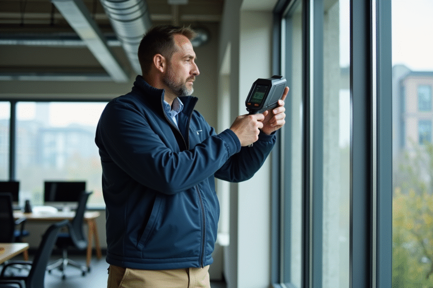 Auditeur énergie inspectant une fenêtre avec caméra thermique