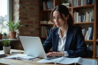 Jeune femme française consultative des recherches biographiques sur un ordinateur dans un bureau parisien