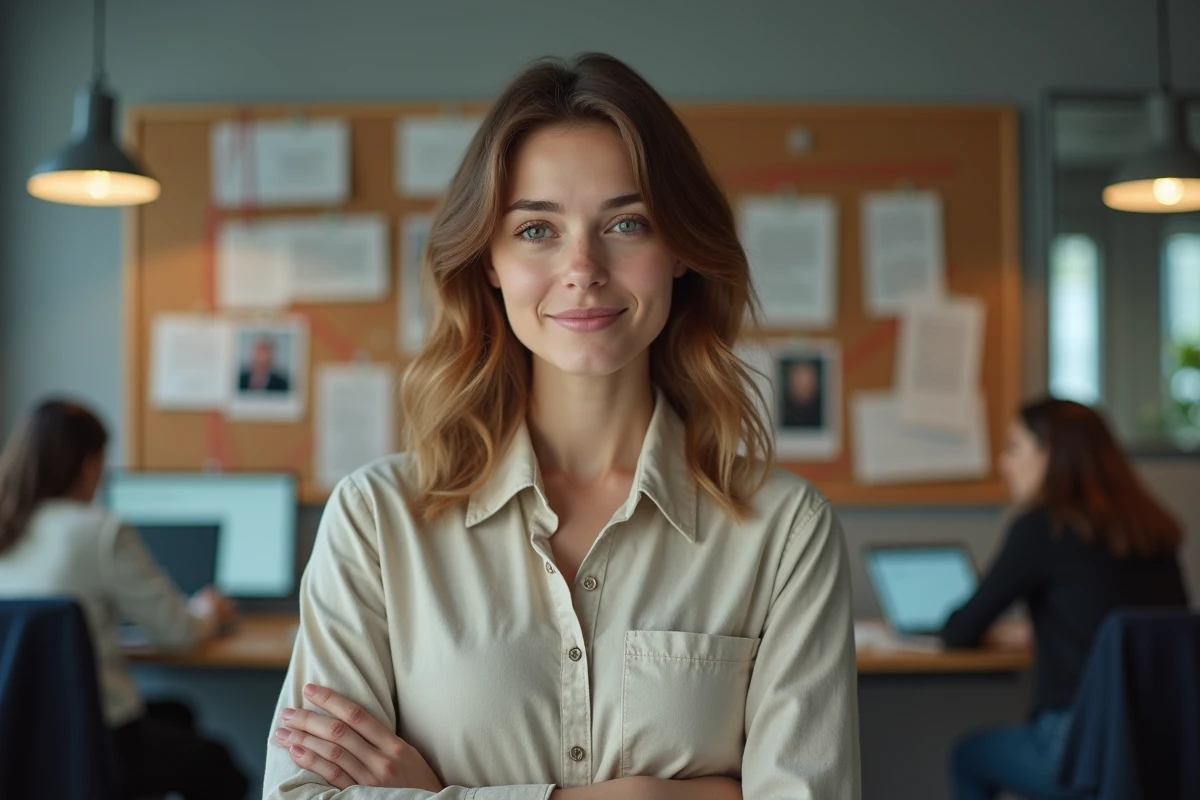 Femme journaliste devant un tableau d'enquête avec des notes et des photos dans une rédaction moderne