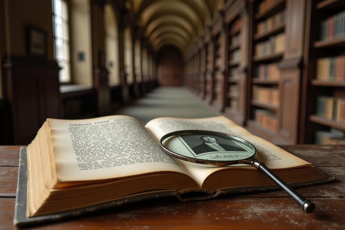 Livre biographique ancien ouvert avec loupe sur une table de bibliothèque française évoquant une recherche d'identité