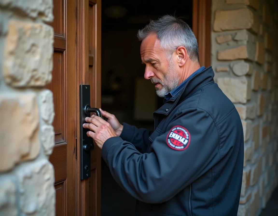 Serrurier de Barthelemy et Cie inspectant une serrure haute sécurité sur une porte en chêne dans la Meuse