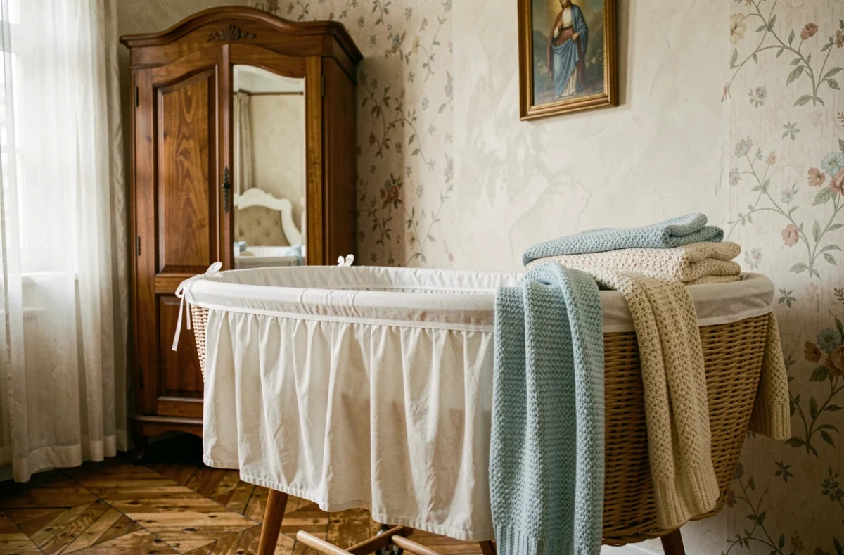 Berceau en osier dans une chambre française des années 1950, symbolisant la naissance et l'environnement familial de Patrick Dutartre
