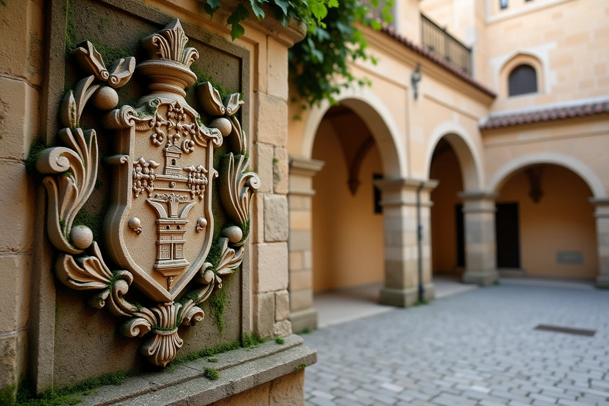 Blason héraldique en pierre sculpté sur une façade médiévale dans un village historique catalan symbolisant les familles Pompeu