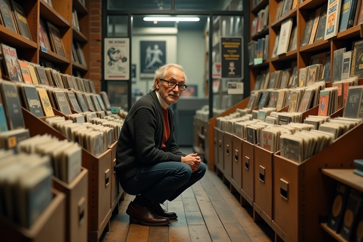 Collectionneur dans une boutique de disques vintage fouillant des caisses de 78 tours de jazz et de chanson française, entouré d'affiches musicales et d'étagères en bois
