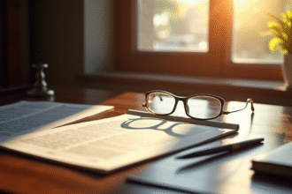 Bureau d avocat avec code civil ouvert et lumière naturelle