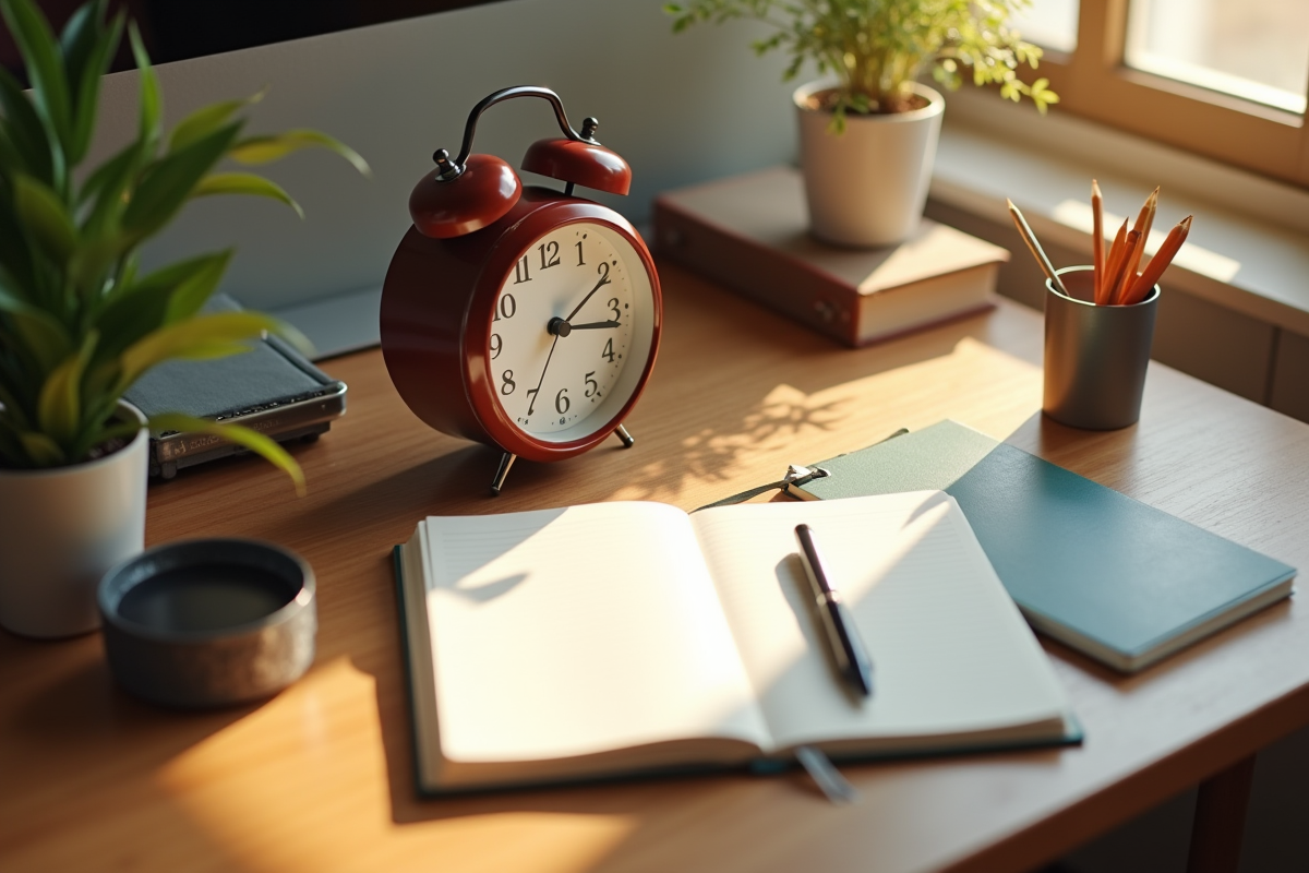 Vue d’un bureau avec horloge et cahier au matin