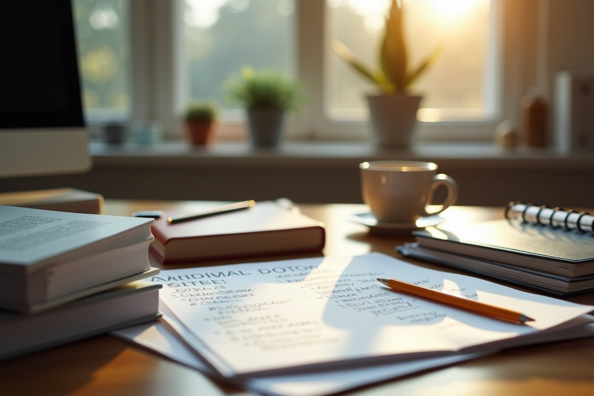 Bureau organisé avec livres de gestion et tasse de café