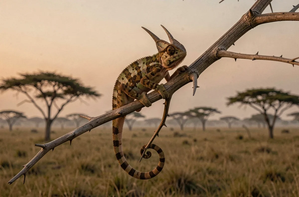 Caméléon de Jackson à trois cornes agrippé à une branche d'acacia dans une savane africaine, camouflage naturel brun-vert sur fond de paysage semi-aride au crépuscule