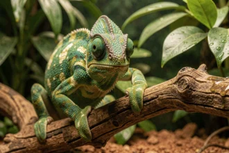 Caméléon vert aux écailles dorées perché sur une branche en bois dans un terrarium tropical luxuriant, peau en pleine transition de couleur visible en gros plan