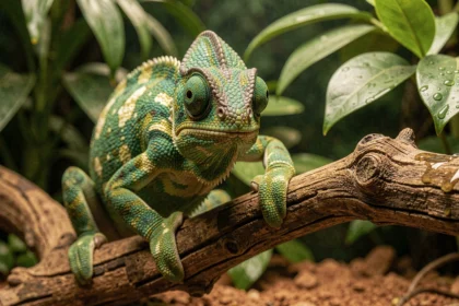 Caméléon vert aux écailles dorées perché sur une branche en bois dans un terrarium tropical luxuriant, peau en pleine transition de couleur visible en gros plan