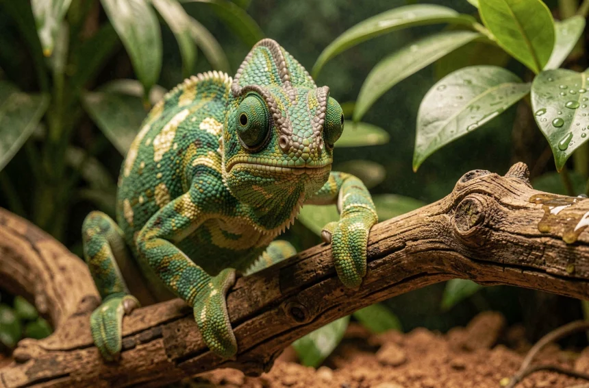 Caméléon vert aux écailles dorées perché sur une branche en bois dans un terrarium tropical luxuriant, peau en pleine transition de couleur visible en gros plan