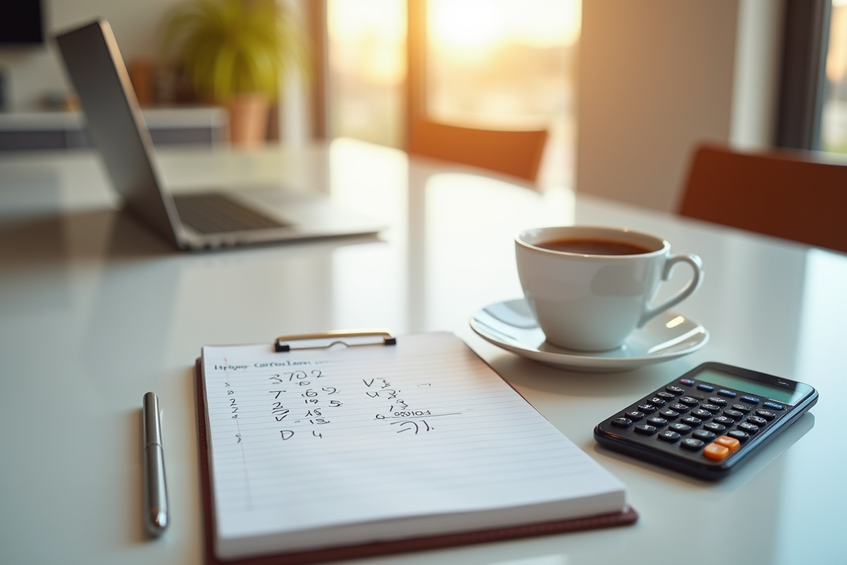 Carnet avec calculs une tasse de café et smartphone en cuisine