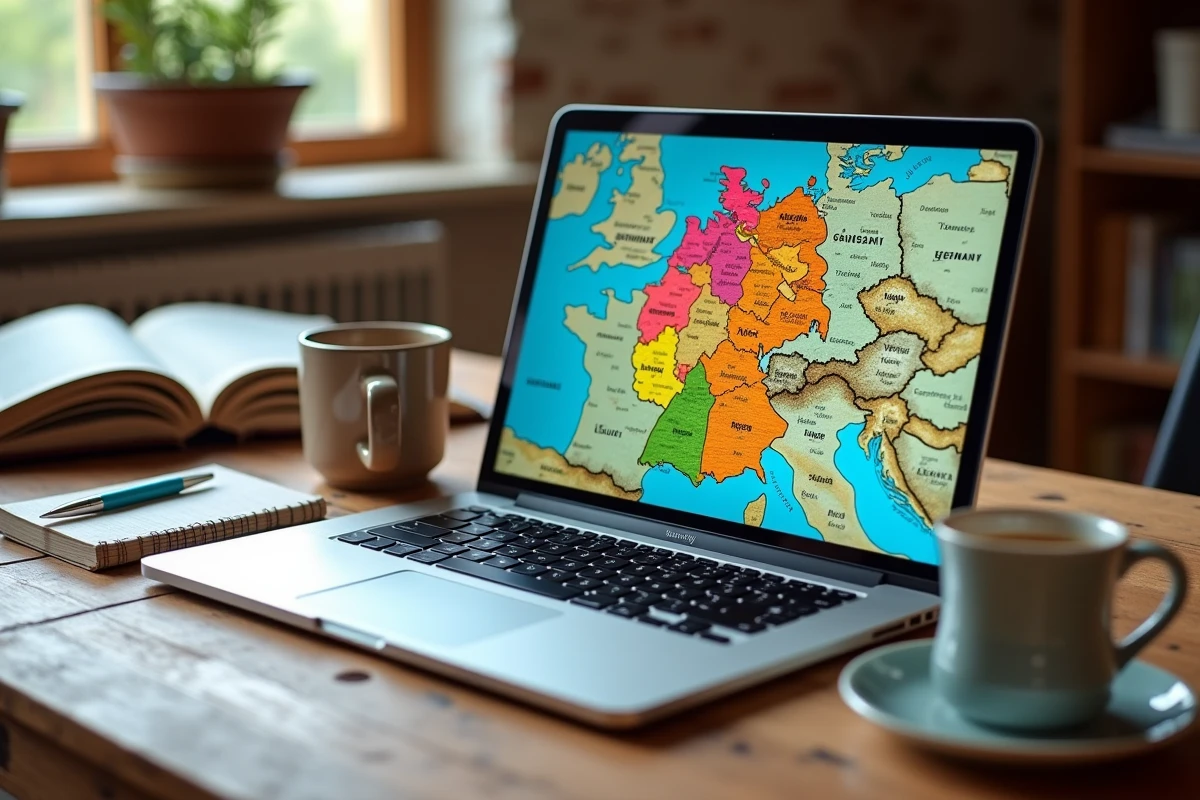 Carte interactive des Länder allemands affichée sur un ordinateur portable dans un bureau à domicile