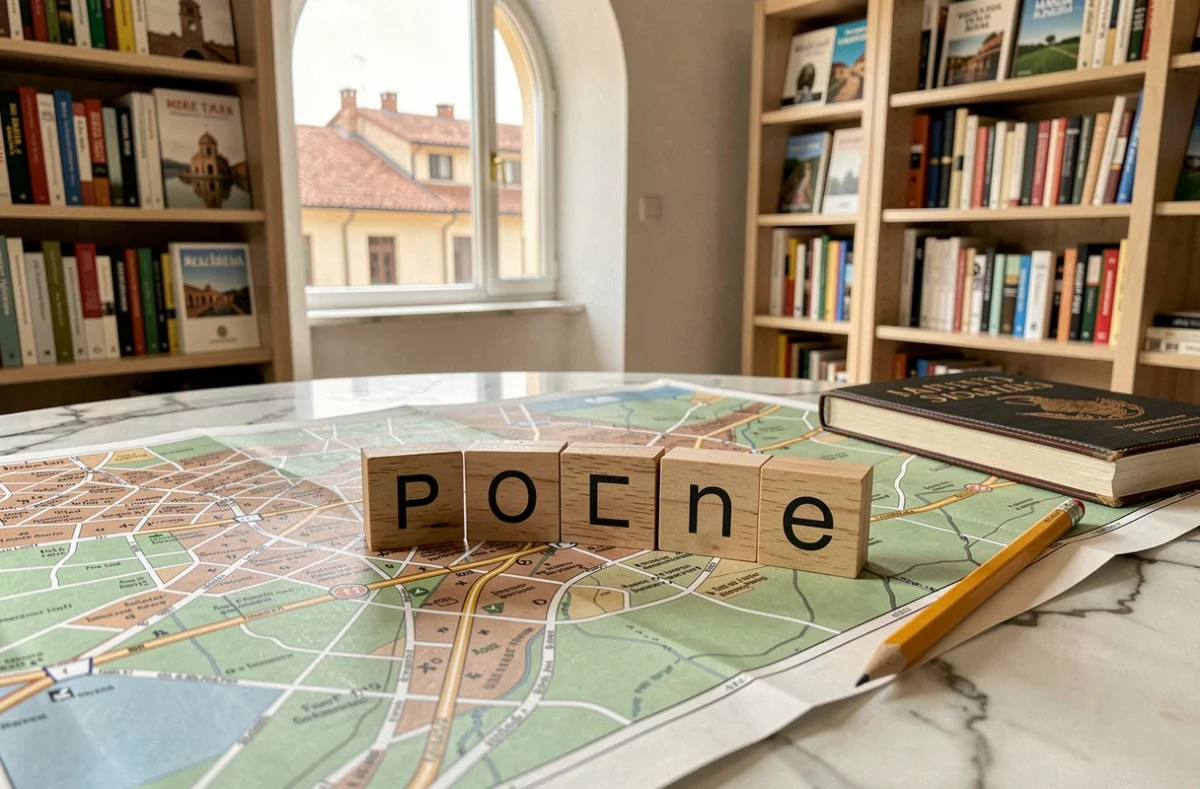 Carte d'une ville italienne avec des lettres en bois formant un mot de cinq lettres sur une table en marbre