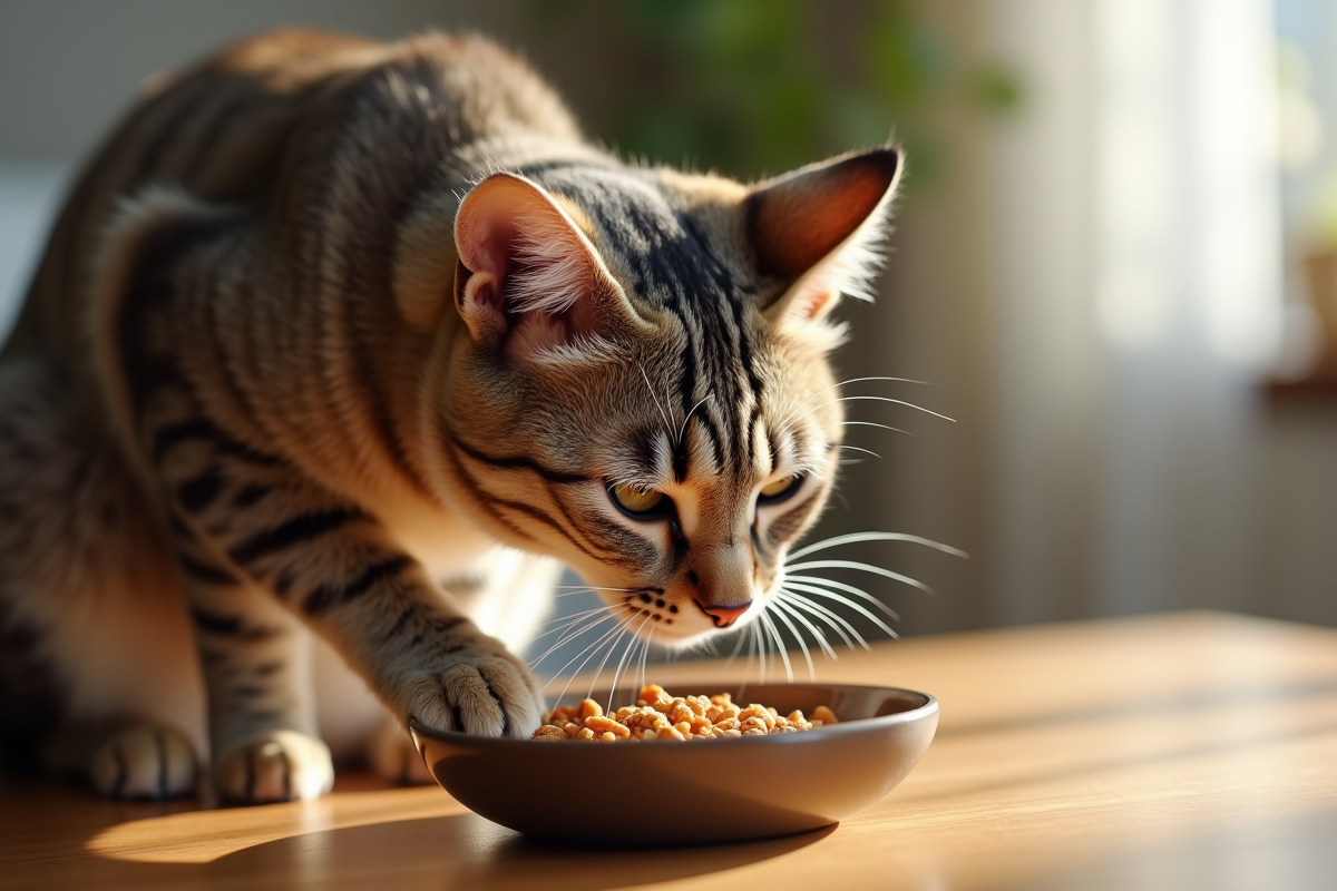 Chat adulte mangeant des croquettes dans un intérieur cosy