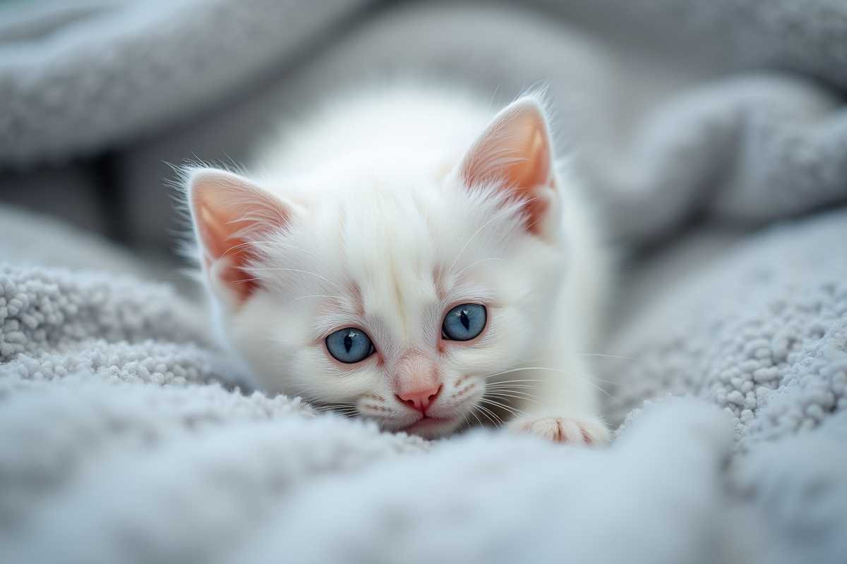 Chaton blanc aux yeux bleus allongé sur une couverture grise