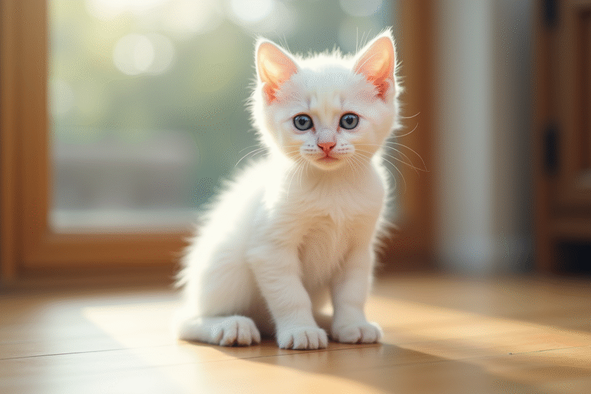 Chaton blanc aux yeux bleus sur un sol en bois ensoleille