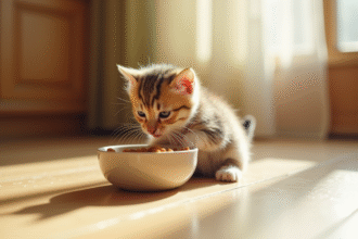 Chaton mignon mangeant dans une cuisine lumineuse