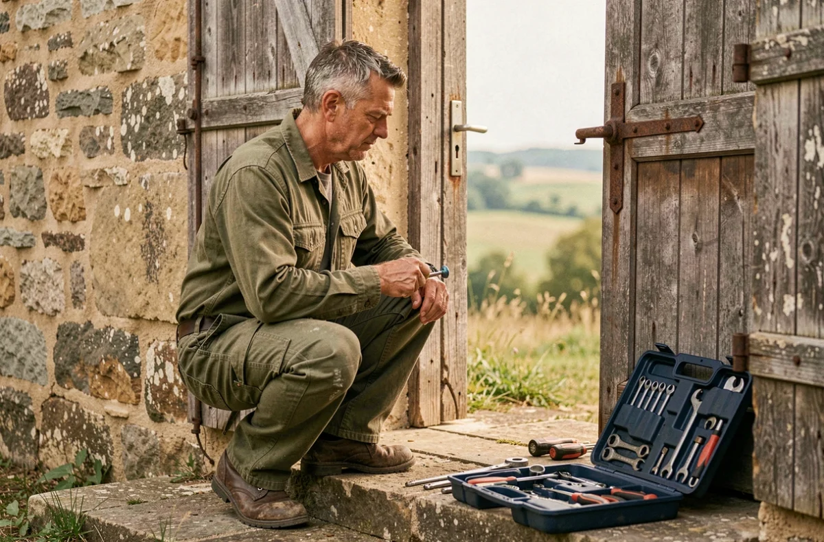 Artisan de Chaufer L'honore réparant une serrure cassée sur une ferme ancienne en pierre dans la Meuse