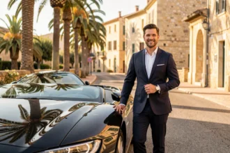 Chauffeur VTC professionnel en costume sombre devant une berline noire dans une ville d'Occitanie