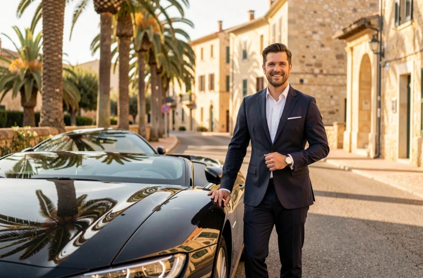 Chauffeur VTC professionnel en costume sombre devant une berline noire dans une ville d'Occitanie