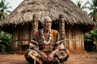 Ancien chef kanak en tenue traditionnelle devant une grande case en Nouvelle-Calédonie, évoquant la mémoire et l'héritage guerrier de Patchili