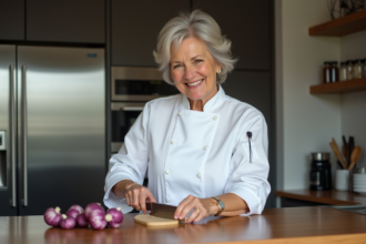 Femme chef coupant des champignons violets en cuisine