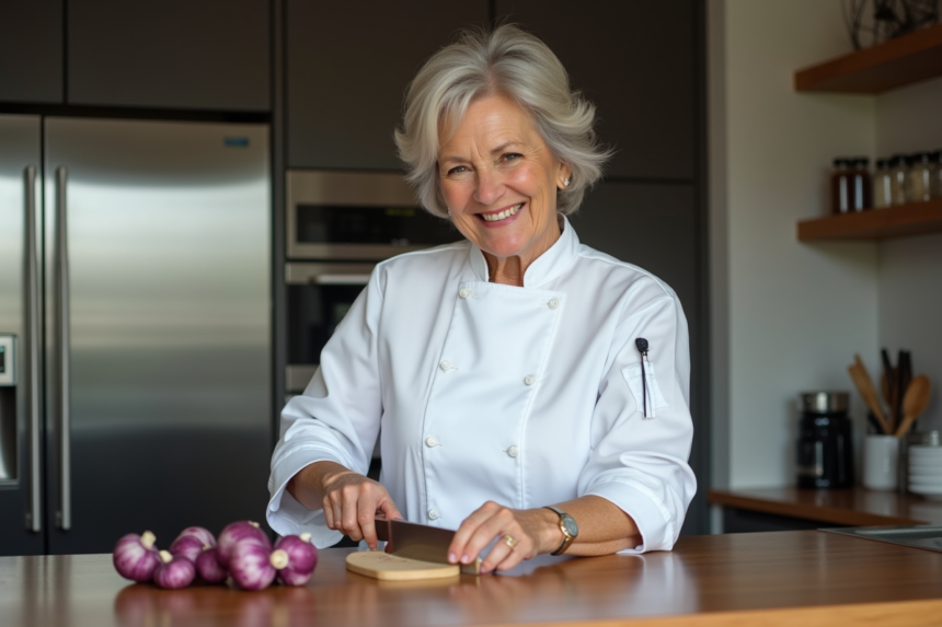 Femme chef coupant des champignons violets en cuisine